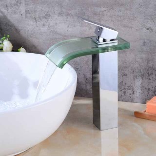 Chrome Waterfall Tap - Wash Basin Tap with Glass - Single-Handle Mixer Tap for Bathroom Sinks
