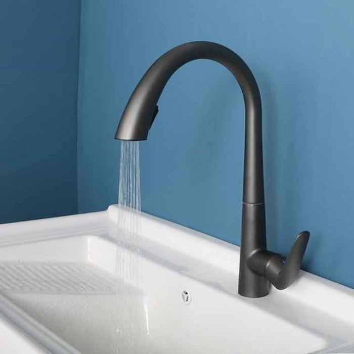 Kitchen Faucet with Pull-out Spray 360° Rotated Single Handle One Hole Minimalist Modern Contemporary Kitchen Taps
