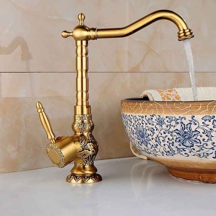 Kitchen faucet - Single Handle One Hole Antique Brass Standard Spout Centerset Retro Vintage Kitchen Taps