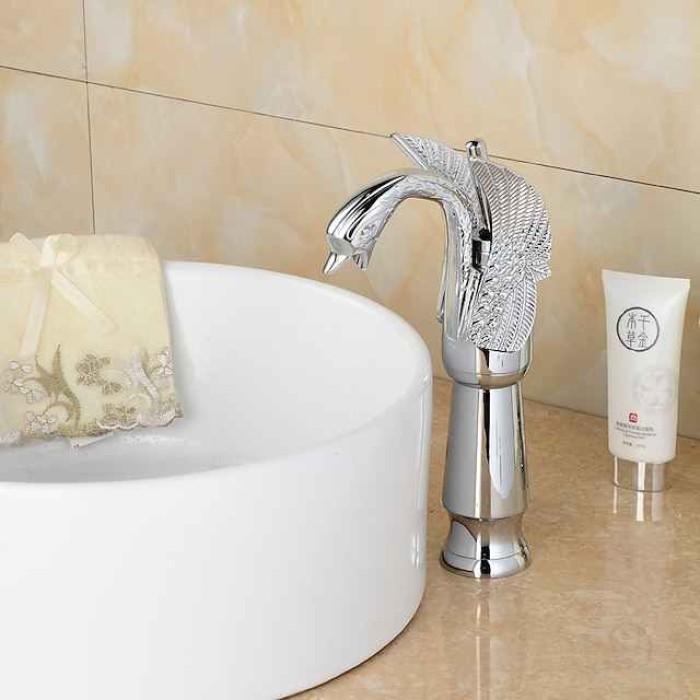Retro Bathroom Sink Mixer Faucet Brass Swan Shap, Monobloc Washroom Basin Taps Single Handle One Hole Deck Mounted, Mono Water Vessel Tap Hot and Cold Hose Antique