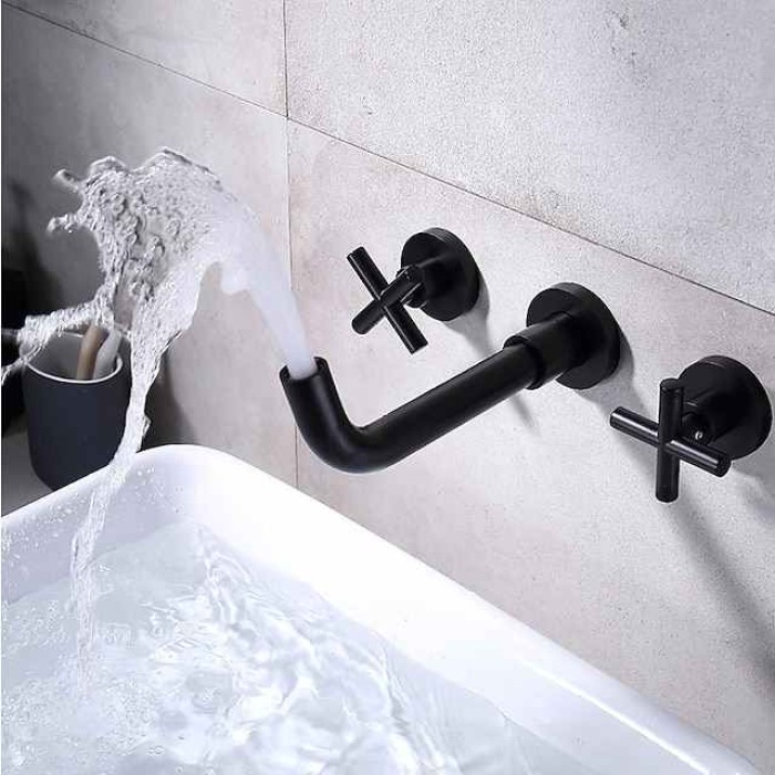 Matte Black/Chrome/Brushed Gold Bathroom Faucet Double Handle Wall Mount Bathroom Sink Faucet   With 360 Degree Rotating Spout