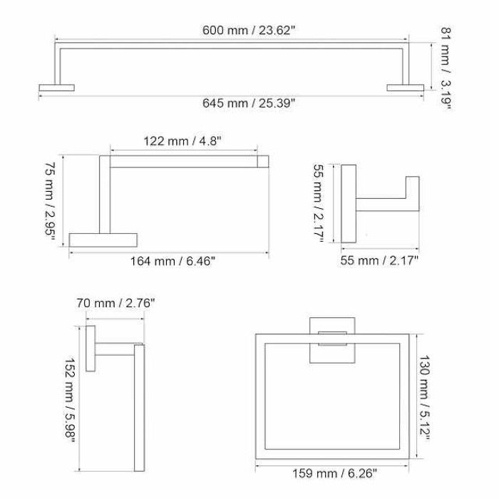 5 Pieces Bathroom Hardware Accessories Set Matte Black Towel Bar Set 2-Hooks Toilet Paper Holder Towel Ring Wall Mounted Stainless Steel 24-Inch Gold Brushed Chrome