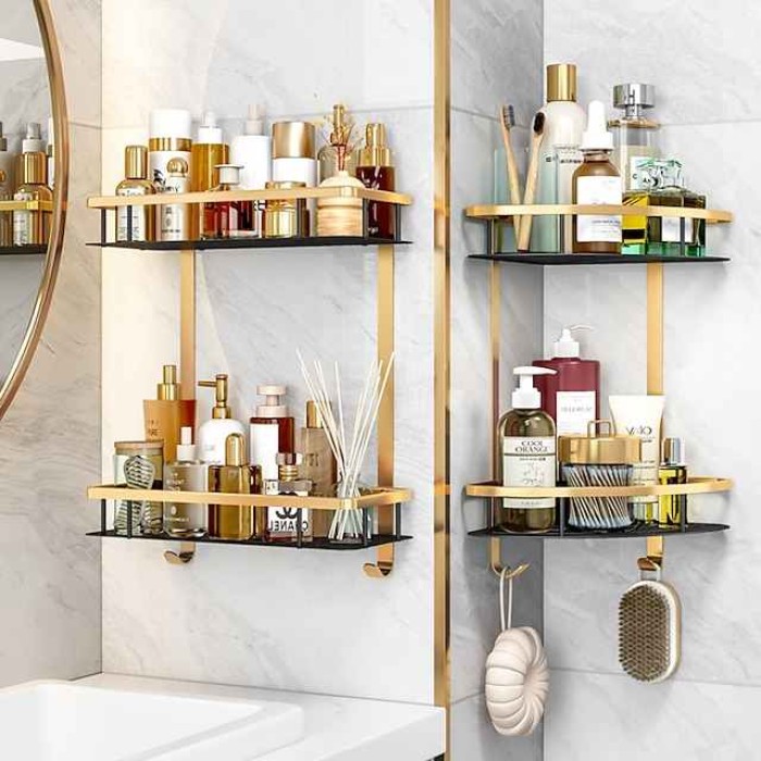 Bathroom Corner Shelf Bathroom Shower Caddy Organizer for Kitchen Toilet No Drilling 2-tier Bathroom Corner Shelves Shower Caddies(Black&Golden)