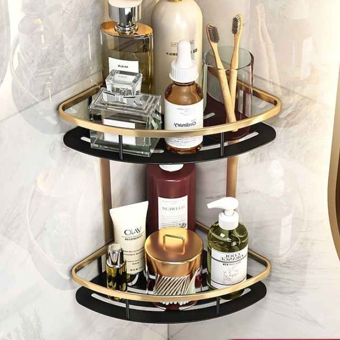 Bathroom Corner Shelf Bathroom Shower Caddy Organizer for Kitchen Toilet No Drilling 2-tier Bathroom Corner Shelves Shower Caddies(Black&Golden)