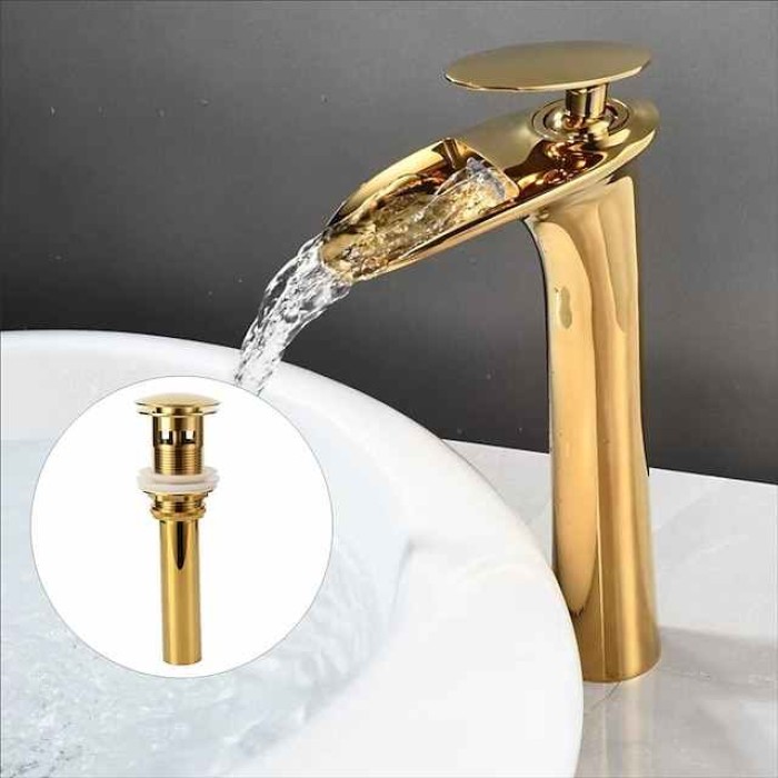 Waterfall Bathroom Sink Mixer Faucet Tall, Mono Wash Basin Single Handle Taps Deck Mounted, Washroom with Hot and Cold Hose Monobloc Vessel Water Brass Tap