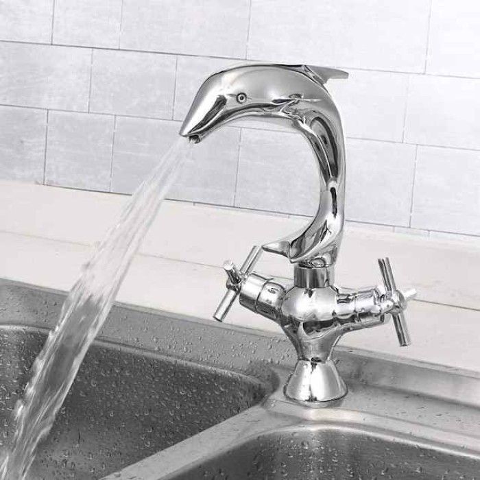 Bathroom Faucet Bath Shower Taps Copper Dolphin Style Basin Faucet Double Handle Bathroom Dual Hole Mixers Hot And Cold Water Chrome Polished Deck Mounted