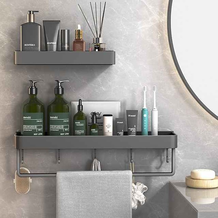 Bathroom Shelves Wall Mounted Gun Grey Storage Organizer Rack Bathroom Kitchen Bathroom Hardware Pendant Bathroom Shelf Space Aluminum Shower Rack Corner Shelf Square Bath Shower Shelf