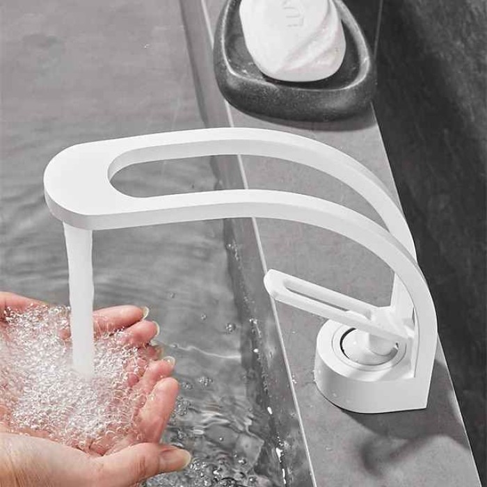 Basin Sink Mixer Taps, Deck Mounted Bathroom Sink Faucet, Brass Sinlge Handle with Hot and Cold Hose, One Hole Vessel Water Tap Chrome Black White Grey