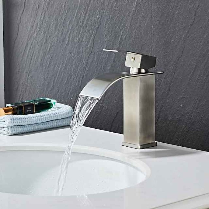 Waterfall Bathroom Sink Mixer Faucet, Washroom Mono Basin Taps Single Handle Deck Mounted Chrome Black Brushed, with Cold and Hot Hose Monobloc Water Tap