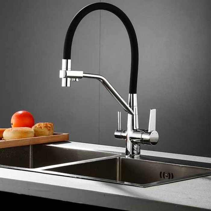 Kitchen Faucet Pull Down Spray Head, Purified Water Dual Spout Taps Sink Mixer Deck Mounted,  360 Rotating Twin Handle High Arc Flexible Tube Vessel Brass Tap