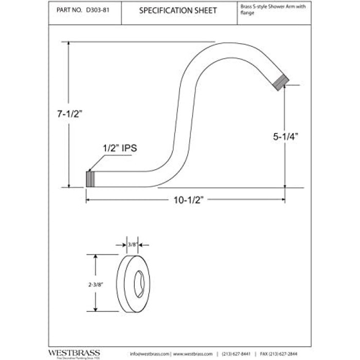 S-Shaped Shower Arm and Flange, Polished Brass, D303-81-01