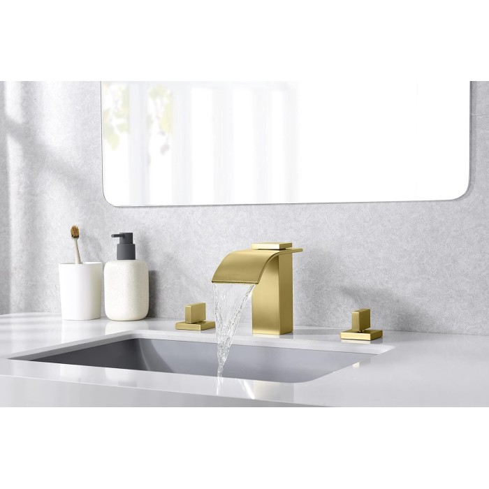Gold Waterfall Bathroom Faucet 3 Hole 8 Inch Widespread Bathroom Sink Faucet