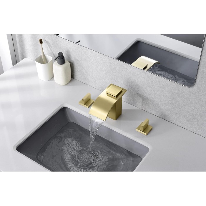 Gold Waterfall Bathroom Faucet 3 Hole 8 Inch Widespread Bathroom Sink Faucet