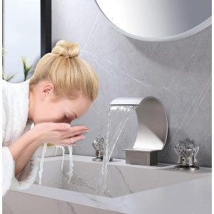 Bathroom Faucet for Sink 3 Hole, Waterfall Sink Faucet Two Handle Brass Basin Mixer Tap Widespread 8-Inch Vanity Waterfall Faucet