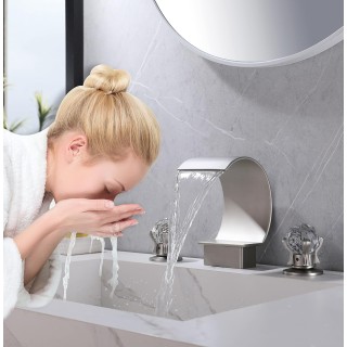 Bathroom Faucet for Sink 3 Hole, Waterfall Sink Faucet Two Handle Brass Basin Mixer Tap Widespread 8-Inch Vanity Waterfall Faucet
