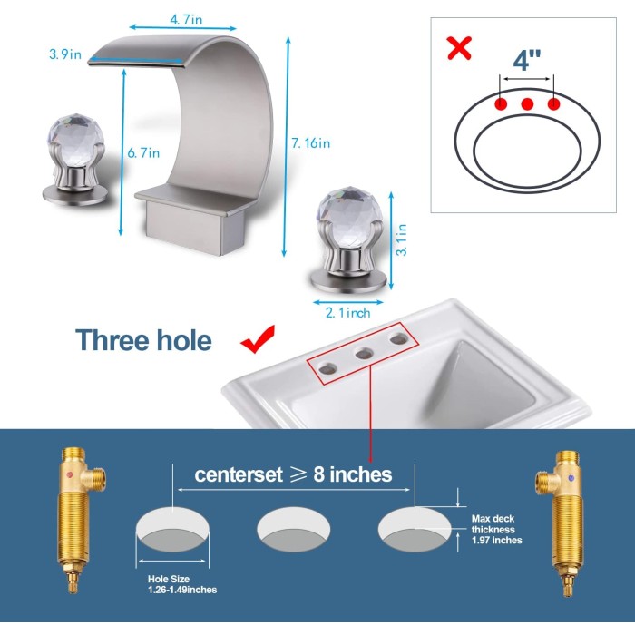 Bathroom Faucet for Sink 3 Hole, Waterfall Sink Faucet Two Handle Brass Basin Mixer Tap Widespread 8-Inch Vanity Waterfall Faucet