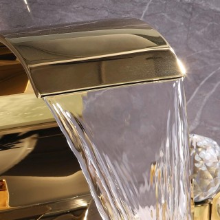Bathroom Sink Faucet 3 Hole Widespread Waterfall Bathroom Faucets with Crystals Handles Basin Mixer Tap 8-Inch High Arc Vanity Faucet with Supply Hose, Gold Finished
