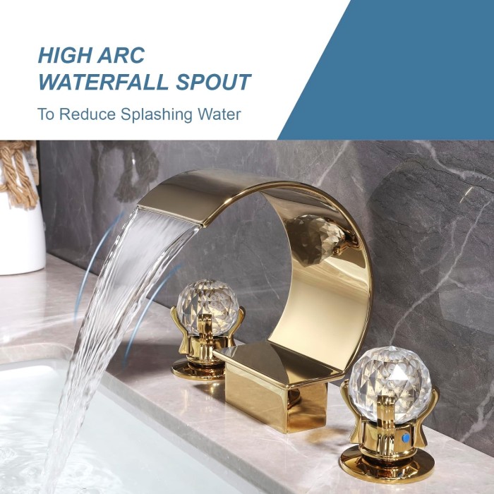 Bathroom Sink Faucet 3 Hole Widespread Waterfall Bathroom Faucets with Crystals Handles Basin Mixer Tap 8-Inch High Arc Vanity Faucet with Supply Hose, Gold Finished
