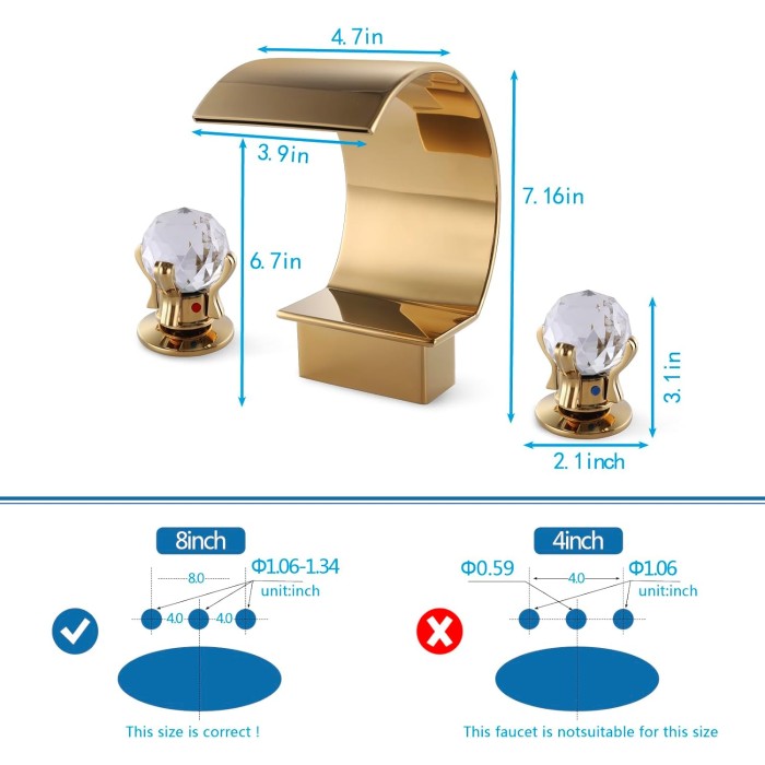 Bathroom Sink Faucet 3 Hole Widespread Waterfall Bathroom Faucets with Crystals Handles Basin Mixer Tap 8-Inch High Arc Vanity Faucet with Supply Hose, Gold Finished