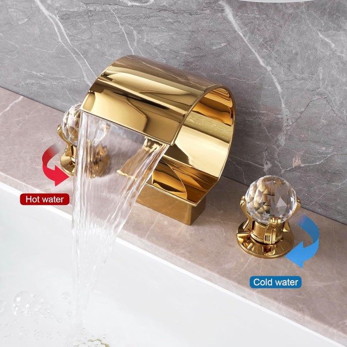 Bathroom Sink Faucet 3 Hole Widespread Waterfall Bathroom Faucets with Crystals Handles Basin Mixer Tap 8-Inch High Arc Vanity Faucet with Supply Hose, Gold Finished