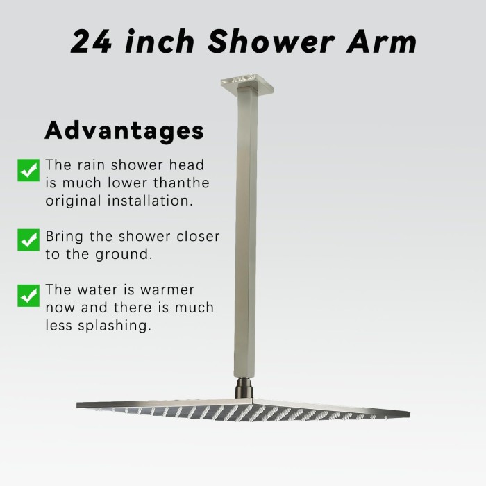 Shower Arm with Flange 24 Inches Ceiling Mount Square Straight Extender Extension Pipe Replacement