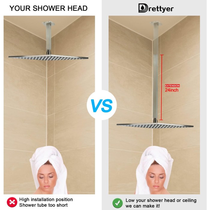 Shower Arm with Flange 24 Inches Ceiling Mount Square Straight Extender Extension Pipe Replacement