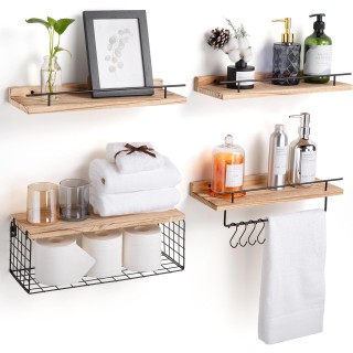 Floating Bathroom Shelves Over Toilet with Towel Rack and Storage Basket, Wood Floating Shelves
