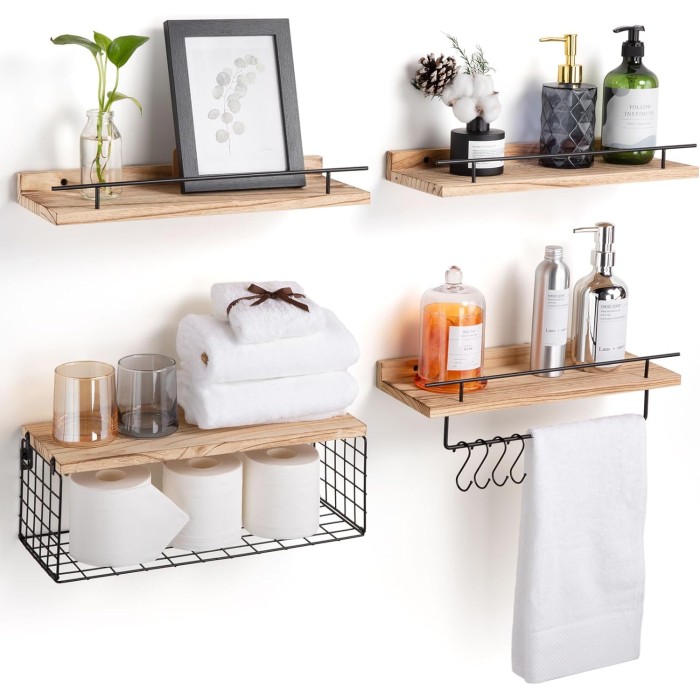 Floating Bathroom Shelves Over Toilet with Towel Rack and Storage Basket, Wood Floating Shelves