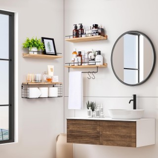 Floating Bathroom Shelves Over Toilet with Towel Rack and Storage Basket, Wood Floating Shelves