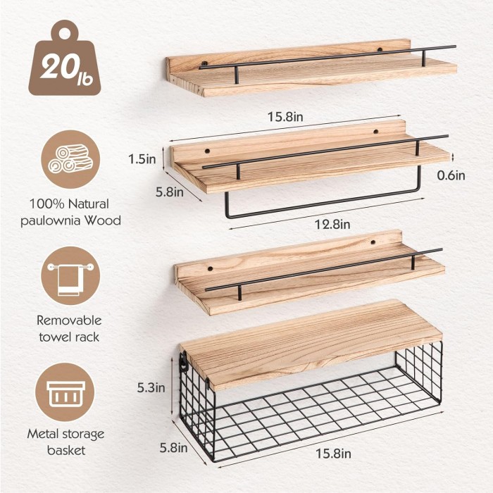 Floating Bathroom Shelves Over Toilet with Towel Rack and Storage Basket, Wood Floating Shelves