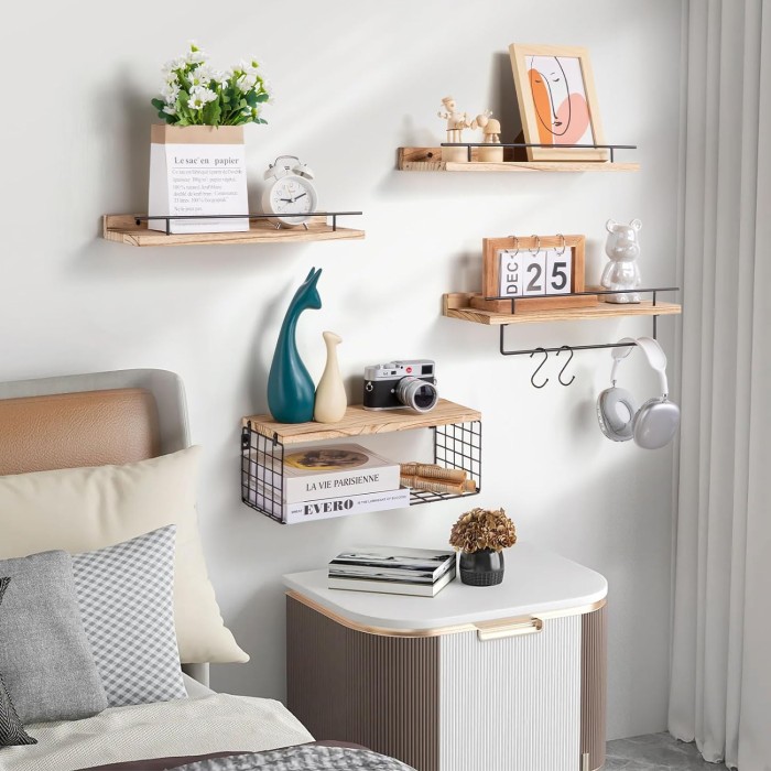 Floating Bathroom Shelves Over Toilet with Towel Rack and Storage Basket, Wood Floating Shelves