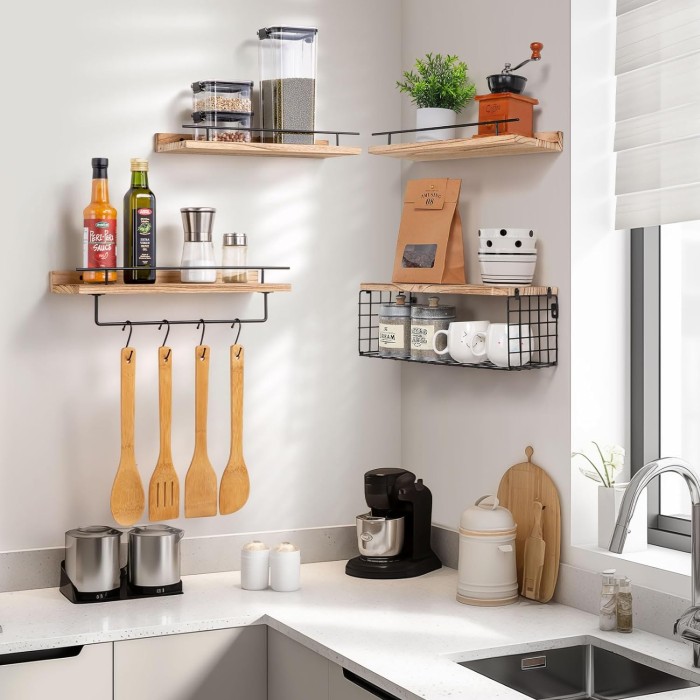 Floating Bathroom Shelves Over Toilet with Towel Rack and Storage Basket, Wood Floating Shelves