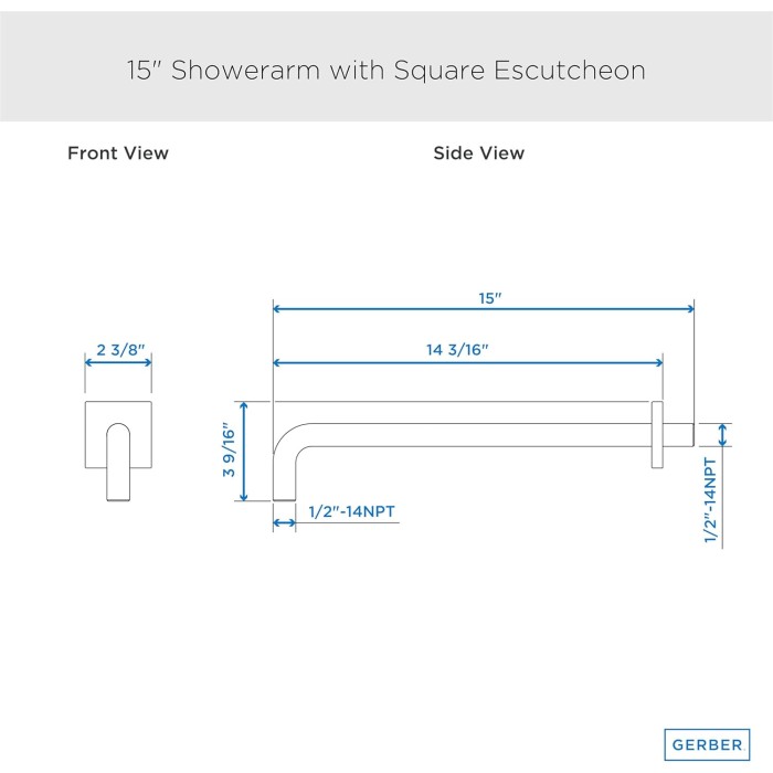 15-Inch Shower Arm with Square Escutcheon - Wall Mounted Shower Head Extension Pipe Arm