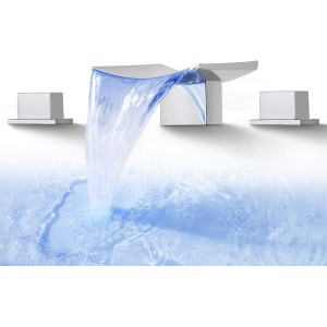 Bathroom Waterfall Faucet Widespread 8 Inch Modern Moon 3 Hole Lavatory Sink Faucet 3 Color LED Vanity Faucet with Two Handle, SKOWLL Polished Chrome