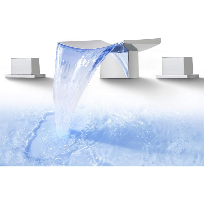 Bathroom Waterfall Faucet Widespread 8 Inch Modern Moon 3 Hole Lavatory Sink Faucet 3 Color LED Vanity Faucet with Two Handle, SKOWLL Polished Chrome