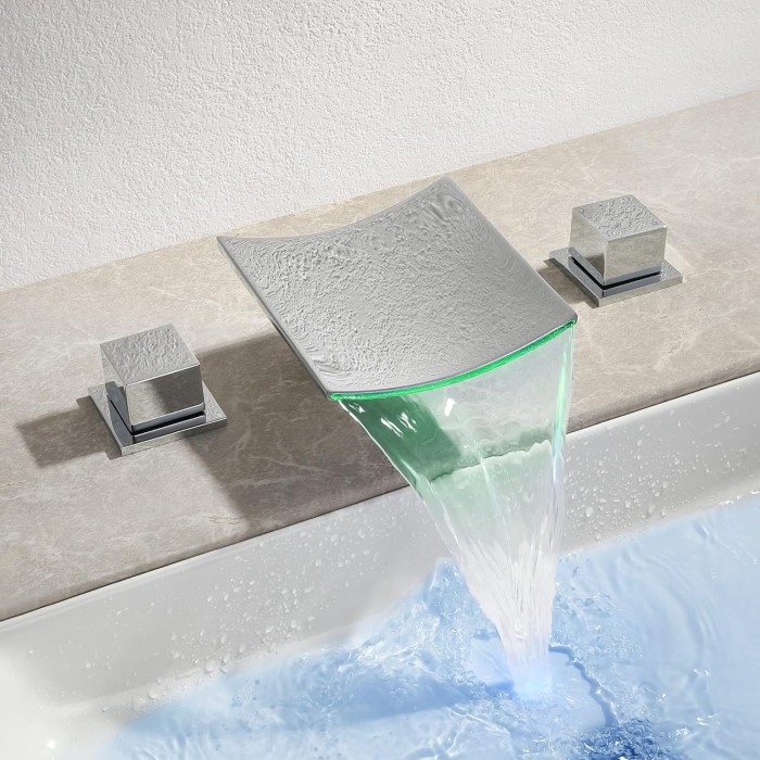 Bathroom Waterfall Faucet Widespread 8 Inch Modern Moon 3 Hole Lavatory Sink Faucet 3 Color LED Vanity Faucet with Two Handle, SKOWLL Polished Chrome