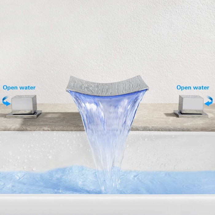 Bathroom Waterfall Faucet Widespread 8 Inch Modern Moon 3 Hole Lavatory Sink Faucet 3 Color LED Vanity Faucet with Two Handle, SKOWLL Polished Chrome
