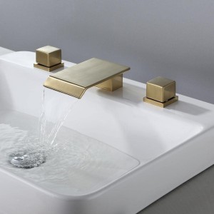 Waterfall Bathroom Sink Faucet in Brushed Gold, 3 Hole Double Square Handles Widespread Bathroom Faucet Solid Brass