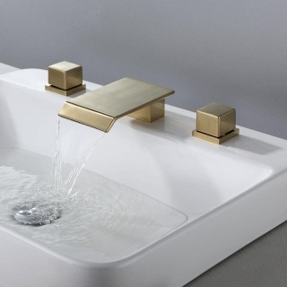 Waterfall Bathroom Sink Faucet in Brushed Gold, 3 Hole Double Square Handles Widespread Bathroom Faucet Solid Brass