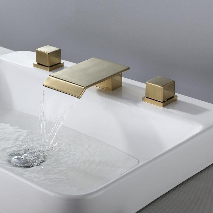 Waterfall Bathroom Sink Faucet in Brushed Gold, 3 Hole Double Square Handles Widespread Bathroom Faucet Solid Brass
