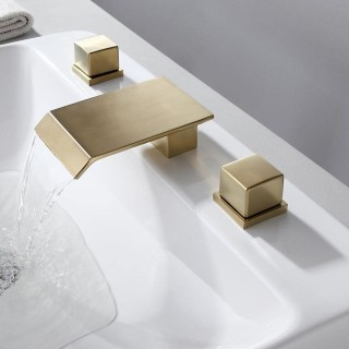 Waterfall Bathroom Sink Faucet in Brushed Gold, 3 Hole Double Square Handles Widespread Bathroom Faucet Solid Brass