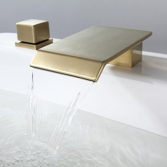 Waterfall Bathroom Sink Faucet in Brushed Gold, 3 Hole Double Square Handles Widespread Bathroom Faucet Solid Brass