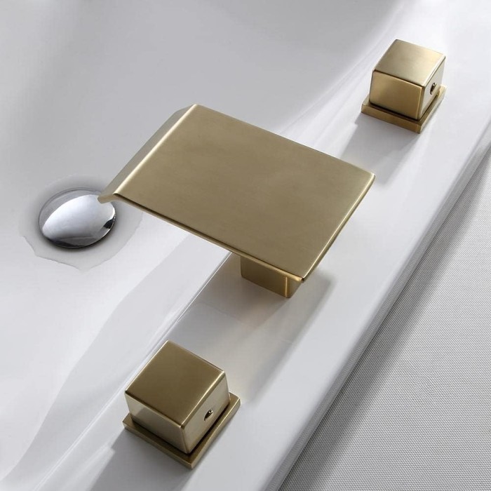 Waterfall Bathroom Sink Faucet in Brushed Gold, 3 Hole Double Square Handles Widespread Bathroom Faucet Solid Brass