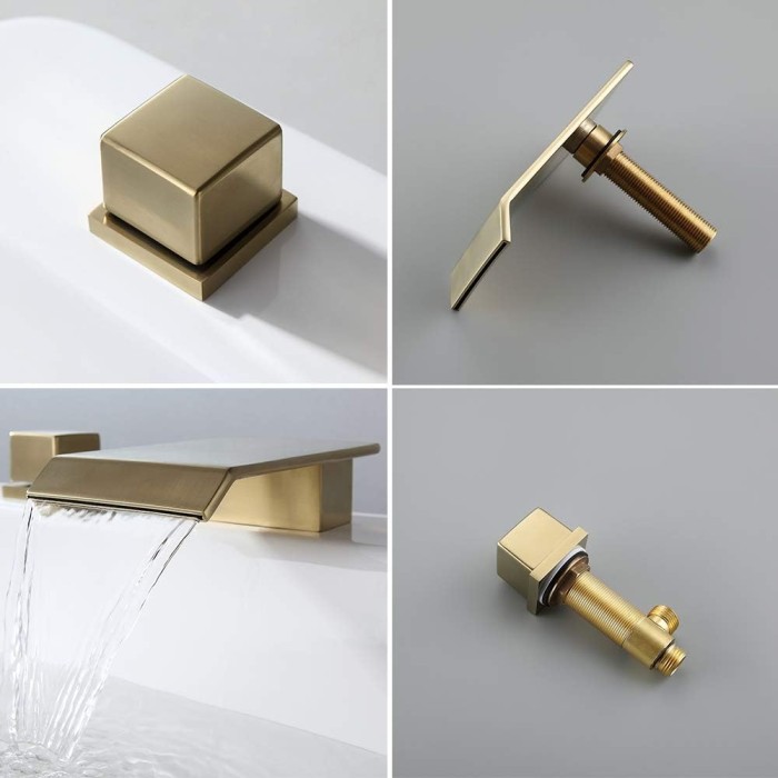Waterfall Bathroom Sink Faucet in Brushed Gold, 3 Hole Double Square Handles Widespread Bathroom Faucet Solid Brass