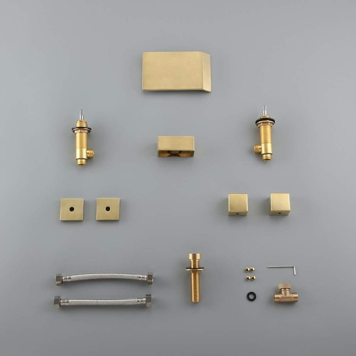 Waterfall Bathroom Sink Faucet in Brushed Gold, 3 Hole Double Square Handles Widespread Bathroom Faucet Solid Brass