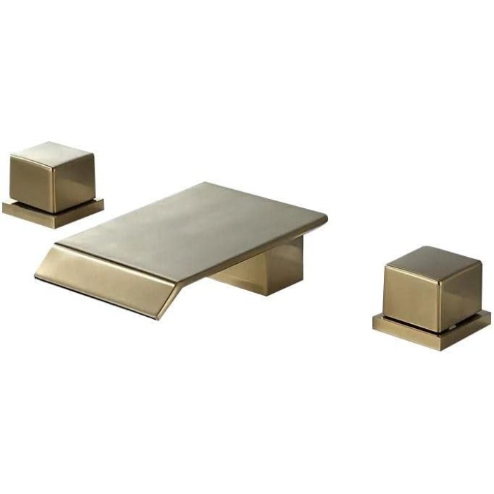 Waterfall Bathroom Sink Faucet in Brushed Gold, 3 Hole Double Square Handles Widespread Bathroom Faucet Solid Brass