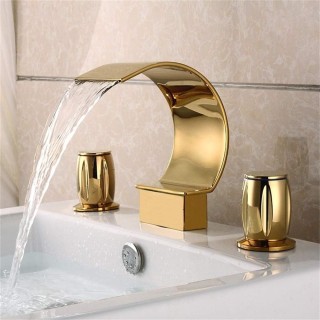 Waterfall Widespread Gold Bathroom Sink Faucet Modern High Arc Vanity Basin Mixer Tap 3 Hole Double Handles