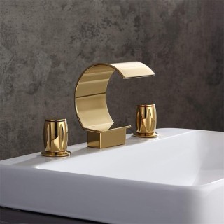 Waterfall Widespread Gold Bathroom Sink Faucet Modern High Arc Vanity Basin Mixer Tap 3 Hole Double Handles