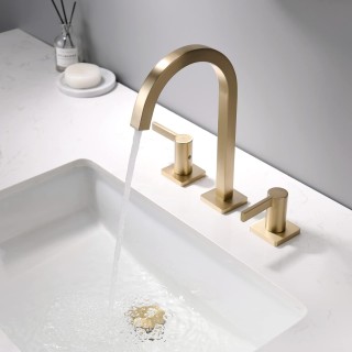 Brushed Gold Bathroom Faucet, 8 Inch Brass Widespread Bathroom Sink Faucet 3 Holes, Two Handles Bathroom Sink Faucet with Pop-Up Drain & Supply Lines, 110104-BG