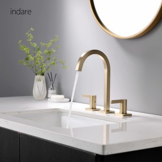 Brushed Gold Bathroom Faucet, 8 Inch Brass Widespread Bathroom Sink Faucet 3 Holes, Two Handles Bathroom Sink Faucet with Pop-Up Drain & Supply Lines, 110104-BG